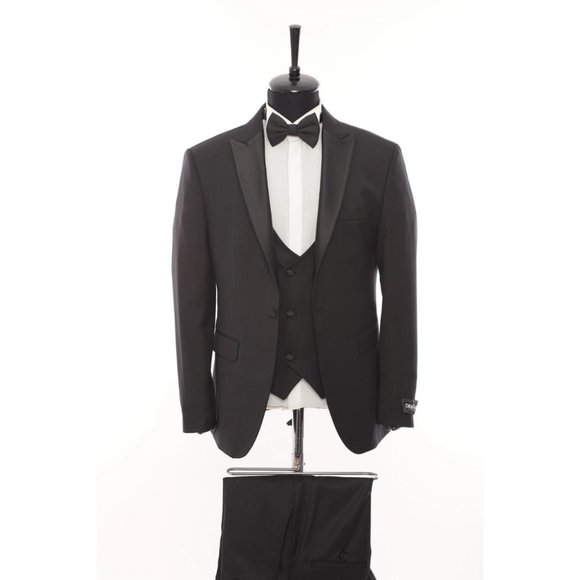 Derman Black Satin Collar 3 Piece Tuxedo - Picture 1 of 5